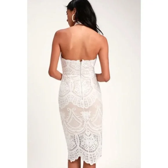 Lulus Dress Womens Medium White‎ Lace Nude Lined Halter Midi Cocktail Bridal - Picture 3 of 10
